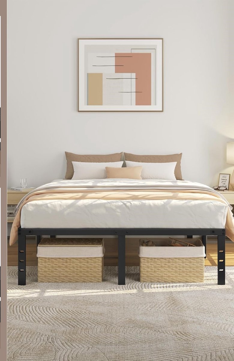 Modern Metalen Bedframe 140x200 cm – Extra Stevig 36 cm Hoog Platformbed met Houten Lattenbodem, 32.5 cm Onderbed Opbergruimte, Geluidloos & Snel te Monteren Tweepersoonsbed – Zwart