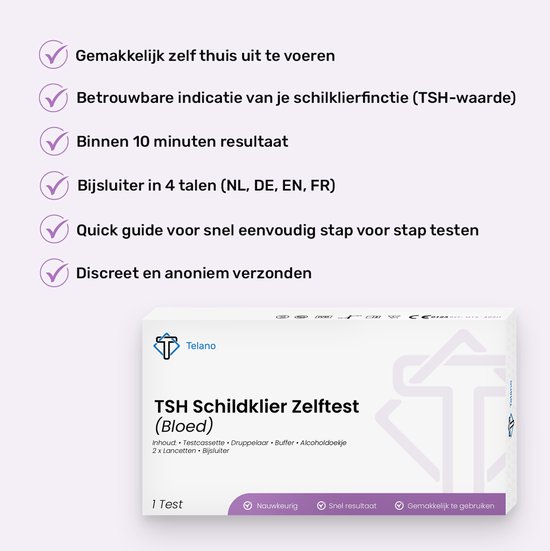 Telano TSH schildklier zelftest verpakking met een lijst met voordelen en inhoud.