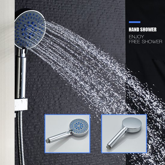 Handdouche met blauwe sproeiers, sproeit water. Twee douchekoppen worden getoond.