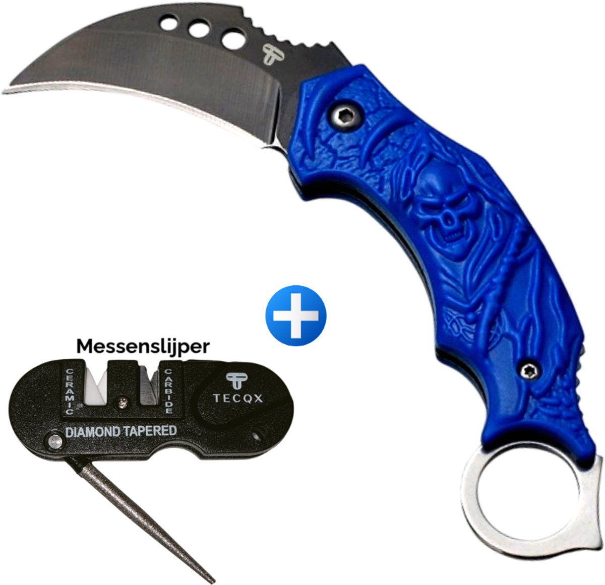 TECQX Inklapbare Mini Karambit - Zakmes - Survival mes - Counter Strike - Grim Reaper - Inclusief messenslijper - Kamperen - Scouting mes - Blue Skull