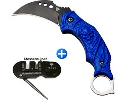TECQX Inklapbare Mini Karambit - Zakmes - Survival mes - Counter Strike - Grim Reaper - Inclusief messenslijper - Kamperen - Scouting mes - Blue Skull