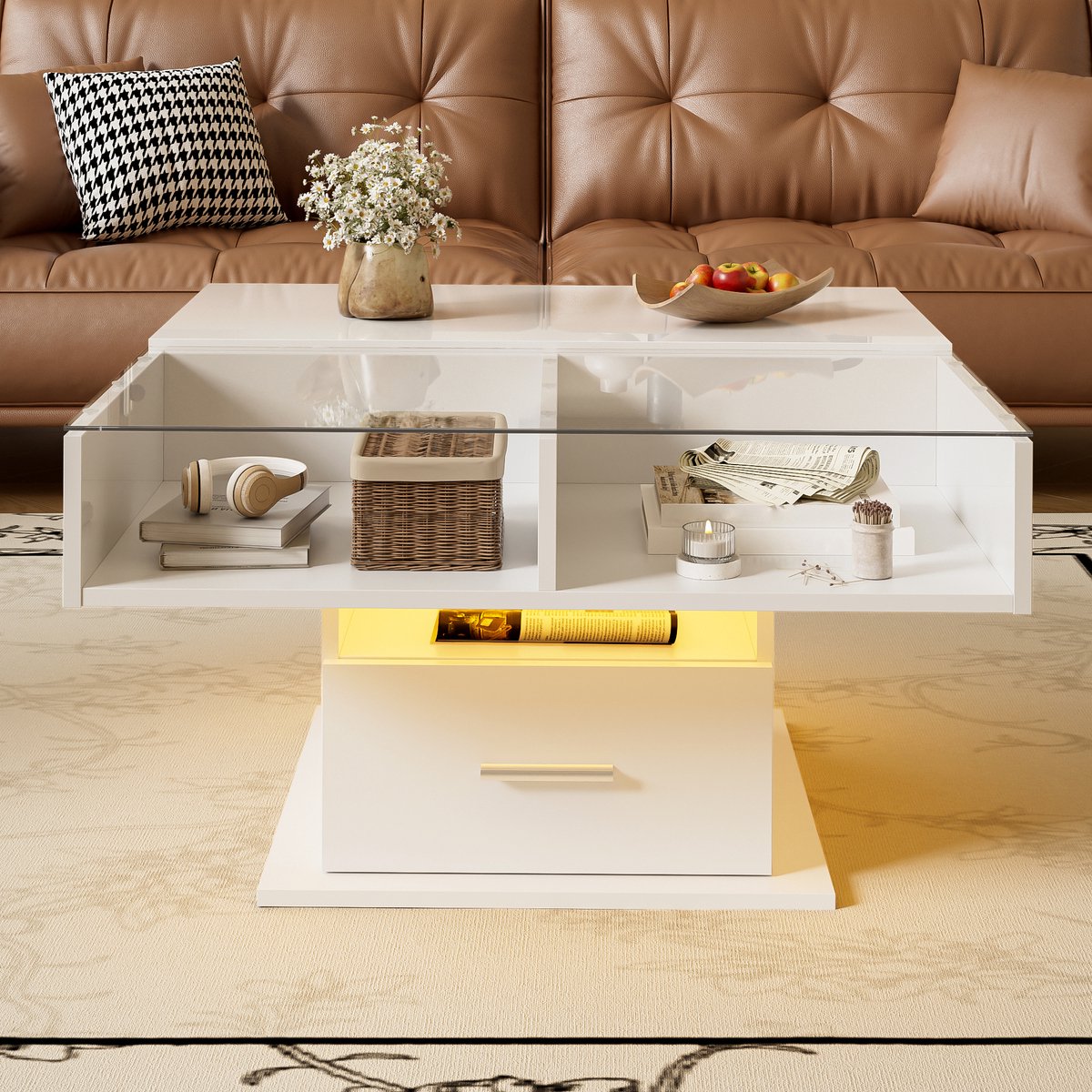 MODFU Verstelbare Salontafel met LED Verlichting en Opbergruimte – Hoogglans & Mat, Modern Design voor Woonkamer Wit
