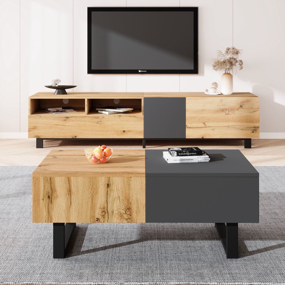 MODFU Multifunctionele Salontafel met Verborgen Opbergruimte, Hout en Metaal, Geschikt voor Woonkamer en Kantoor, Eenvoudig te Installeren, 155x55x40 cm Natuurlijk