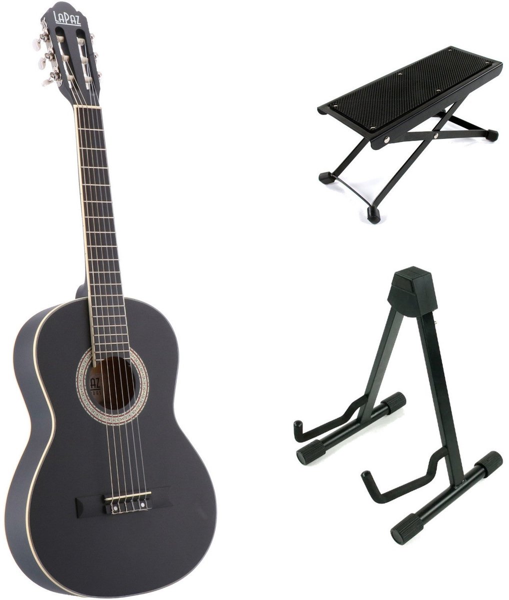 LaPaz C30BK klassieke gitaar 3/4-formaat zwart + statief + voetenbankje