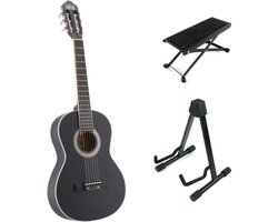 LaPaz C30BK klassieke gitaar 3/4-formaat zwart + statief + voetenbankje