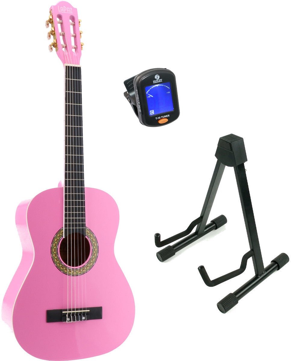 LaPaz 002 PI klassieke gitaar 3/4-formaat roze + statief + stemapparaat