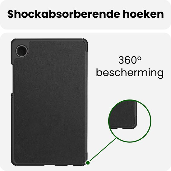 Zwarte tabletcase met schokabsorberende hoeken, 360° bescherming.