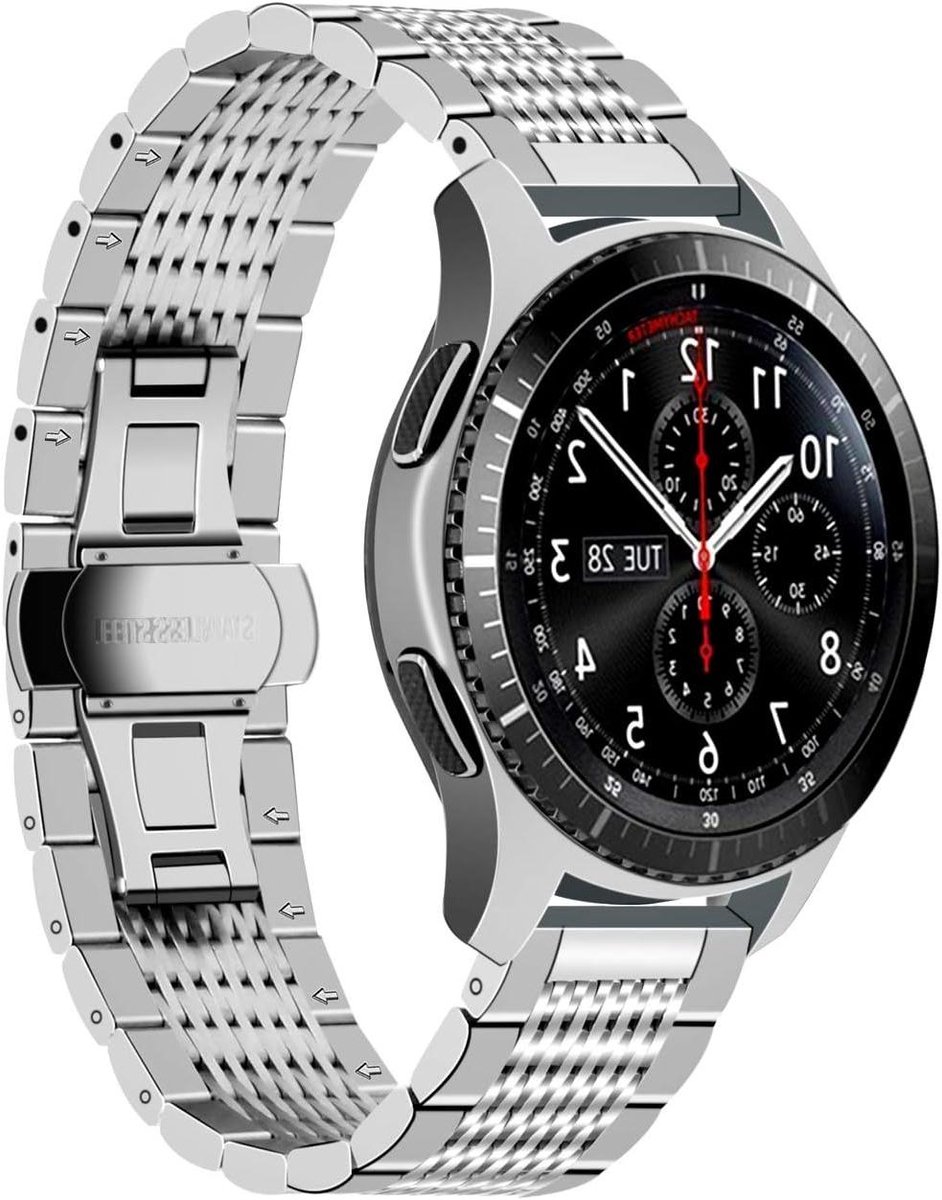 Nordivar - 22mm band voor Samsung Galaxy horloge 46mm en Galaxy horloge 3 45mm - roestvrijstalen mesh sportbanden - Vlindergesp - Zwart en Zilver.