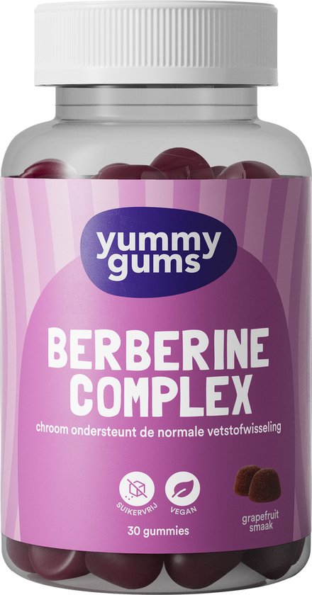 Pot Yummygums Berberine Complex gummies, 30 stuks. Paarse pot met roze label. Suikervrij, vegan, grapefruit smaak.
