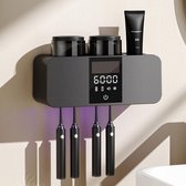 Elektrische tandenborstelhouder, UV-tandenborstelhouder, sterilisator, 5 sleuven, tandenborstelorganizer, met tandpastadispenser, 60 dagen met één lading (zwart goud