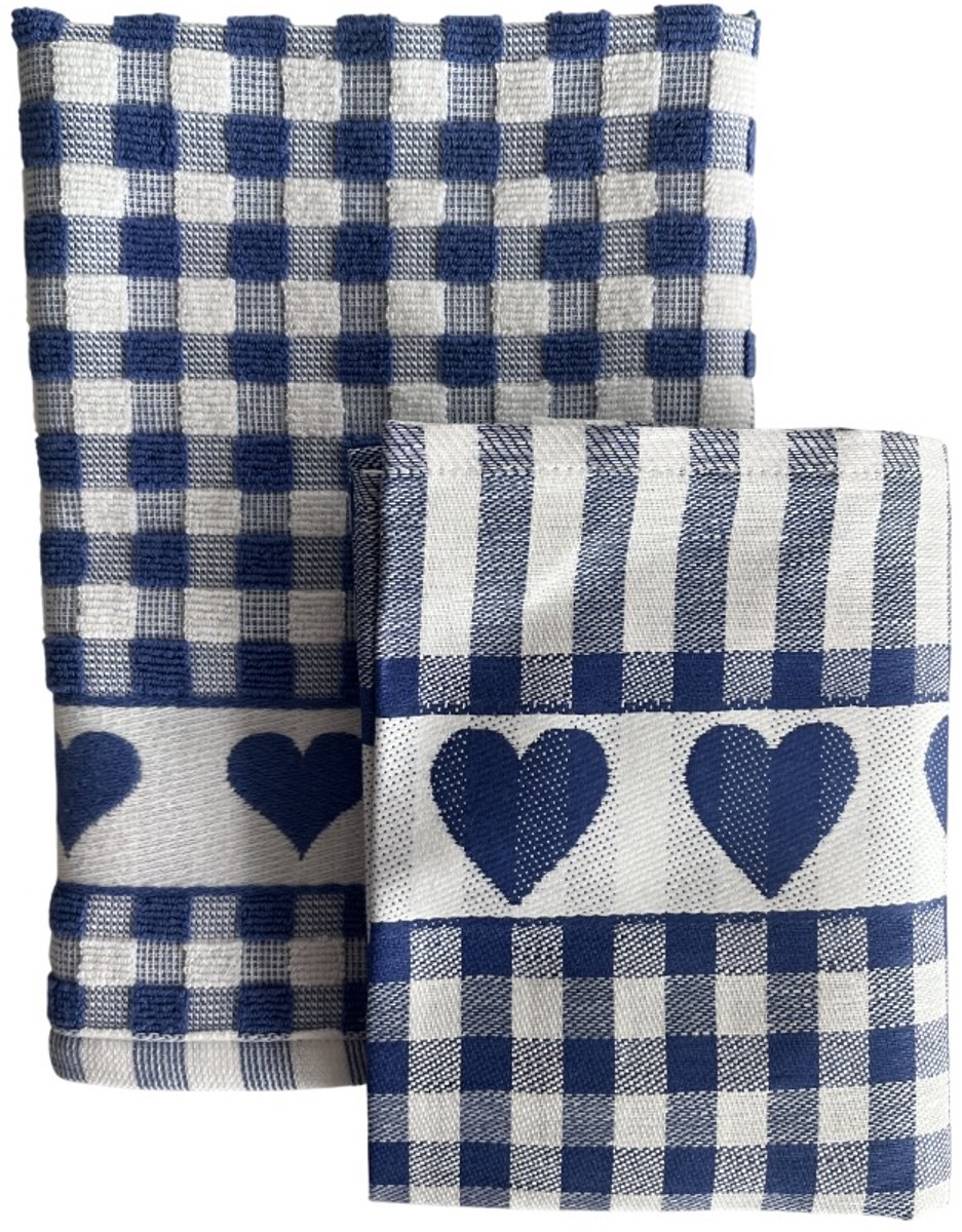 Kracht Herzen - Keukendoek hartjes blauw en theedoek blauwe hartjes - geruit - blauw wit - keukentextiel blauw