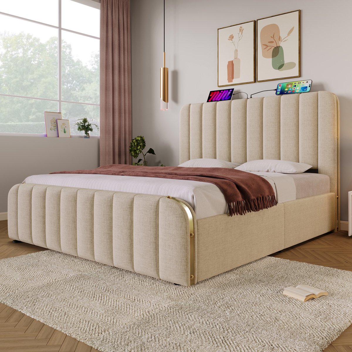 Gestoffeerd bed 140x200 cm - hoofdeinde met gouden sierstrips - USB Type-C oplaadfunctie - met 4 lades - beige - zonder matras