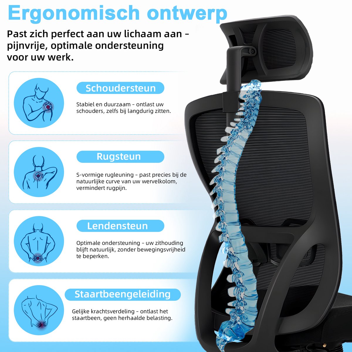 Durrafy Ergonomische Bureaustoel met Verstelbare Lendensteun - afbeelding 3