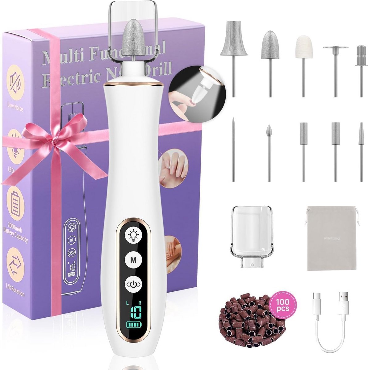 Draadloze elektrische nagelvijl - Professionele manicure en pedicure set met 10 snelheden en LED-licht