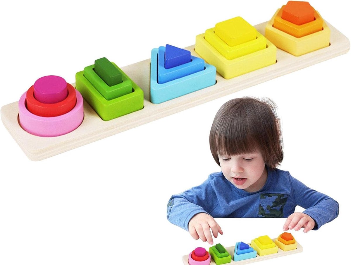 Houten Sorteer- En Stapelspeelgoed - Montessori-Speelgoed Voor Peuters Van 3, 4 En 5 Jaar - Kleurherkenning En Vormsorteerpuzzel - Cadeau Voor Jongens En Meisjes