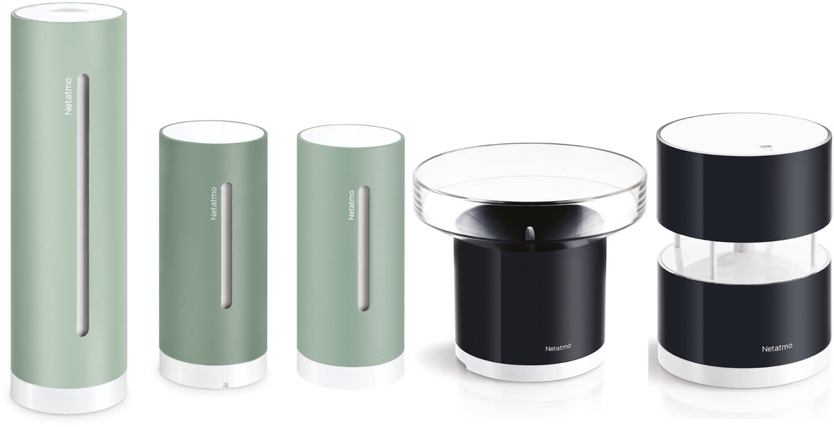 Netatmo Slim Weerstation – Weather Pack met Regenmeter, Windmeter & 2× Wandbeugel – Binnen & Buiten Weermeting – CO2 Meter & Luchtkwaliteit – Mint