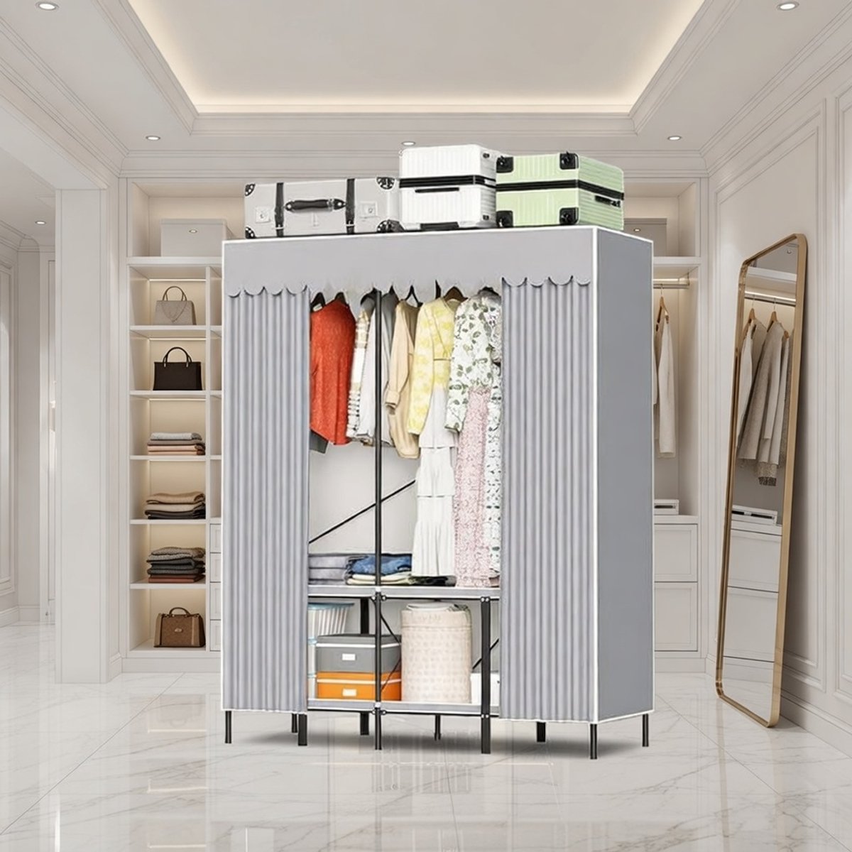 Ruime Opvouwbare Stoffen Kledingkast – Mobiele Garderobekastmet Stalen Frame, Tot 100 kg Draagkracht – Stofkast met Ritssluiting voor Bescherming tegen Stof en Inkijk – Perfect voor Huurwoning, Studentenwoning en Kleine Ruimtes – Novihome