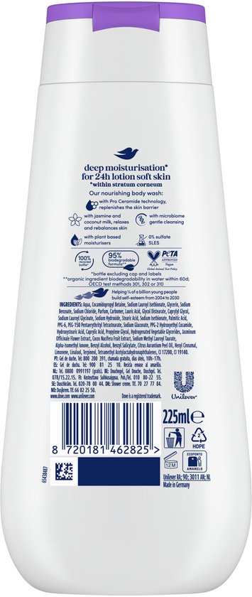 Achterkant fles Dove douchegel met ingrediënten, PETA logo en 225ml.