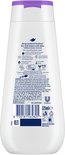 Achterkant fles Dove douchegel met ingrediënten, PETA logo en 225ml.