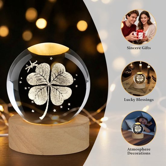 Nachtlampje - 3D kristallen bol lamp - Klavertje vier - Glazen bol - Houten voet - LED verlichting - USB interface - Huisdecoratie ornament - Verjaardagscadeau - 8*7*7cm van Merkloos — afbeelding 3