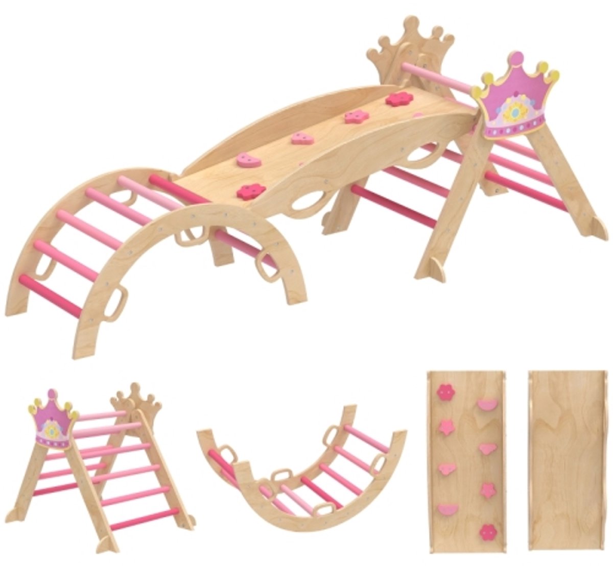 8-in-1 Kids Klimrek - Klimdriehoek - met Klimboog/Klimrek/Glijbaan - Montessori Klimrek - Klimset - Speelgoed - 80x42x38 cm - Roze