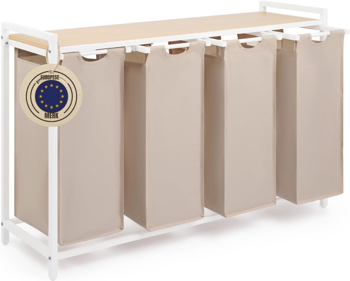Nexvo® Wasmand 4 Vakken - Wasmand - Wassorteerder - Crème- 111cm x 36cm x 73cm