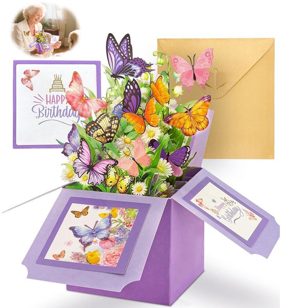 Carte d'anniversaire pour femmes - Boîte de carte pop-up avec papillon - Carte-cadeau avec le texte "Joyeux anniversaire" - Pour les filles, mères, sœurs et amies - Violet - Design avec papillon et fleurs - Comprend une carte vierge et une enveloppe