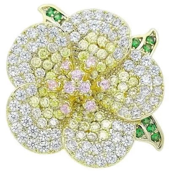 Gouden bloembroche met gele, roze en witte pavé zirkonia, met groene bladeren.