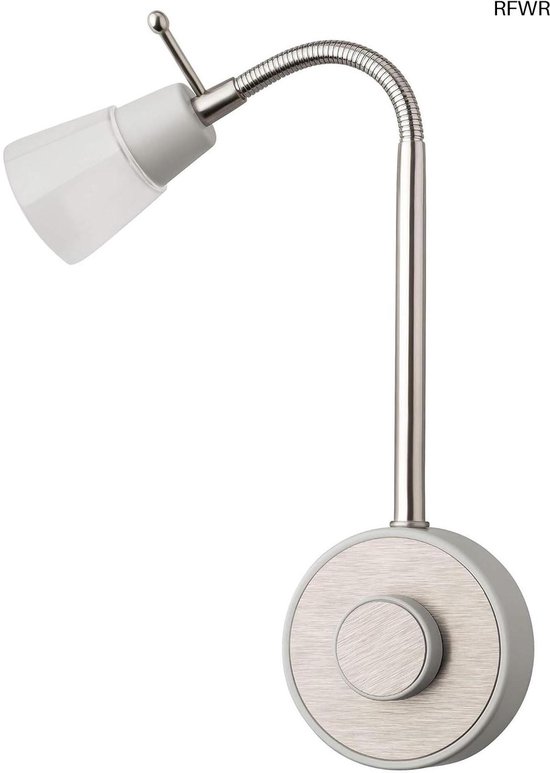 Wandlamp met flexibele zwanenhals en dimmer, zilverkleurig met gebroken witte lampenkap. RFWR.