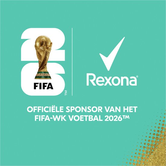 Rexona officiële sponsor van het FIFA-WK Voetbal 2026 met de wereldbeker en FIFA logo op turquoise achtergrond.