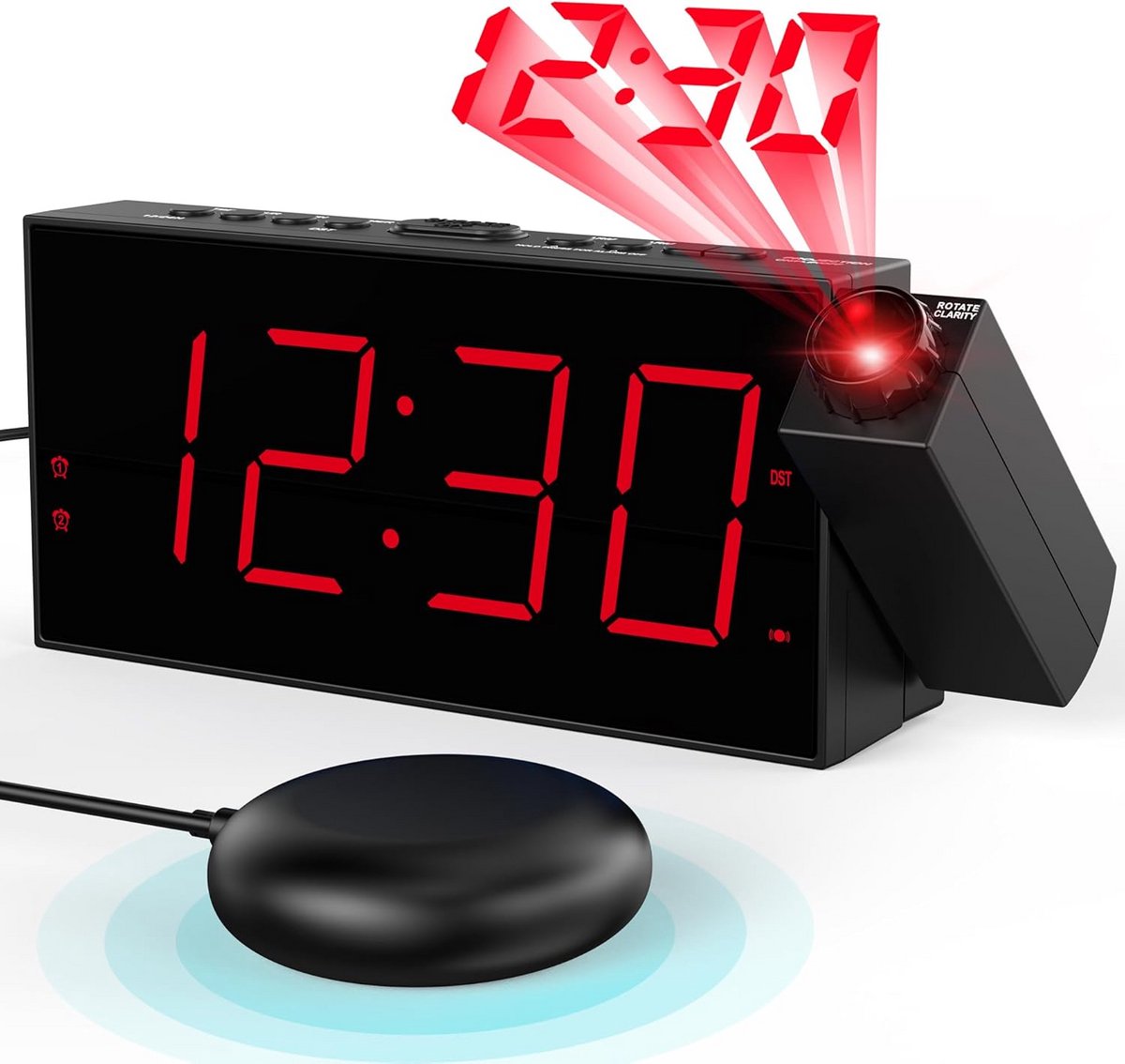 Vibrerende wekker met 180° projectie en USB oplaadpoorten