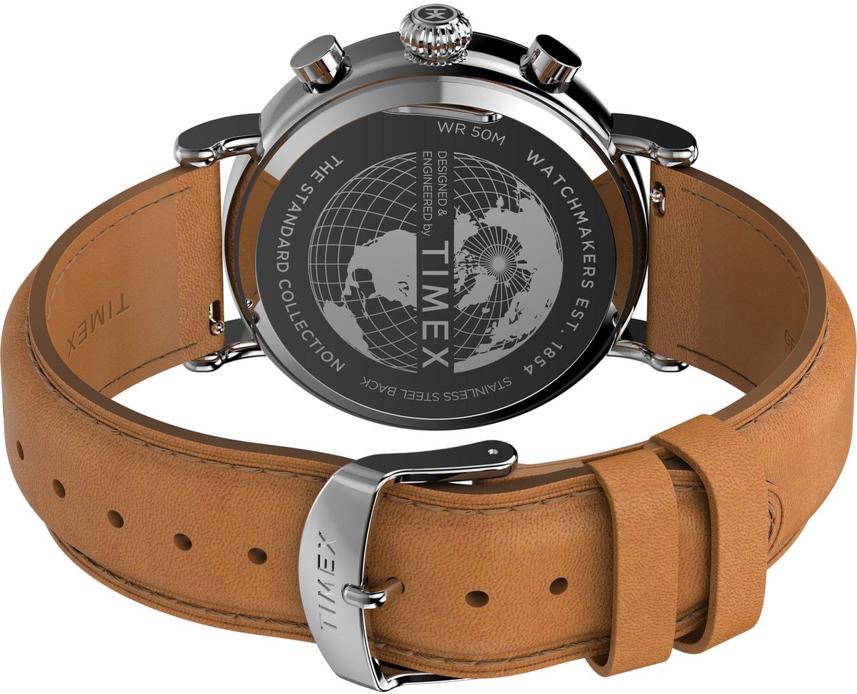 Timex Waterbury Standard Chronograph Quartz Analoog Horloge Bruin Behuizing Gemaakt Van 100% Low Lead Brass En Een Armband 100% Leer 20 mm TW2W84500AJ