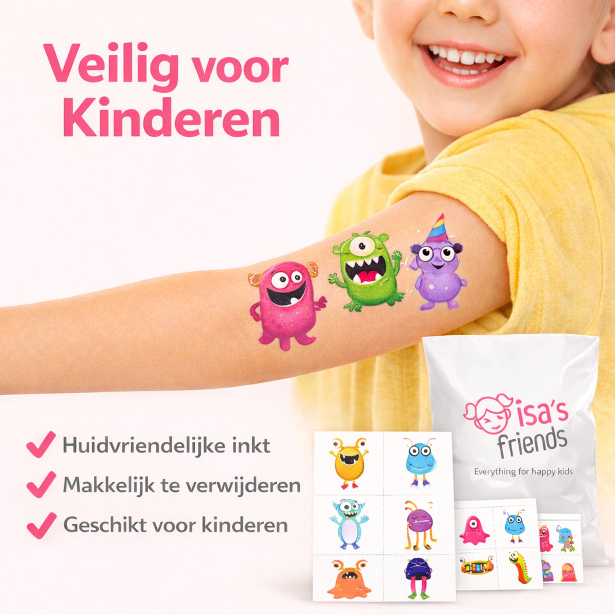 Isa's Friends® - Tattoo's kinderen 96 stuks - Uitdeelcadeau Monsters - Traktatie - Tijdelijke tattoo - Plak tattoo's - Uitdeelcadeautjes voor Kinderen — afbeelding 4