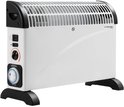 Witte elektrische kachel met zwarte accenten, grill aan de bovenzijde, twee zwarte voetjes en bedieningspaneel aan de zijkant.