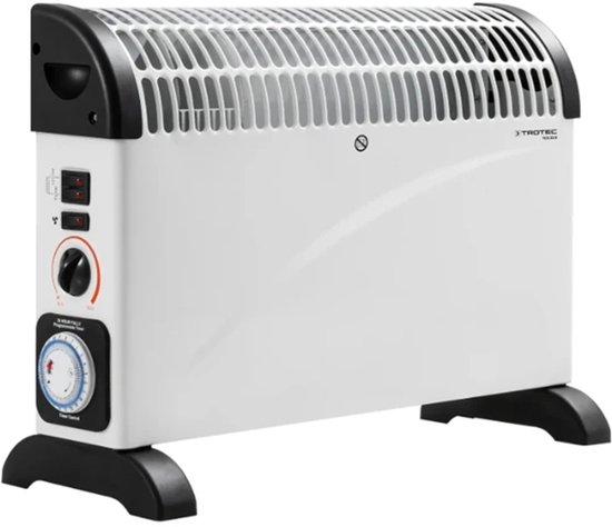 Witte elektrische kachel met zwarte accenten, grill aan de bovenzijde, twee zwarte voetjes en bedieningspaneel aan de zijkant.