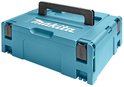 Turquoise Makita opbergkoffer met wit logo en zwart handvat.