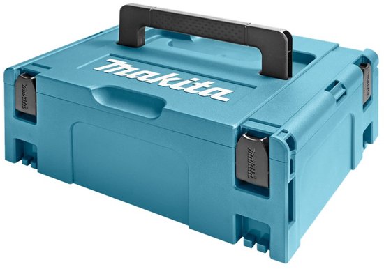 Turquoise Makita opbergkoffer met wit logo en zwart handvat.