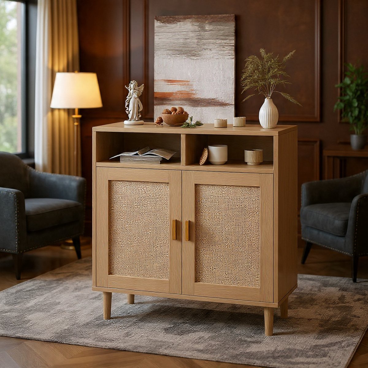 Sideboard Küchenschrank Aufbewahrungsschrank Mit 2 Rattan Türen Und 2 Offenem Fach, Kommode Holz Buffetschrank Für Flur Eingangsbereich Wohnzimmer Oder Küche, 80x40x92cm-NoviHome
