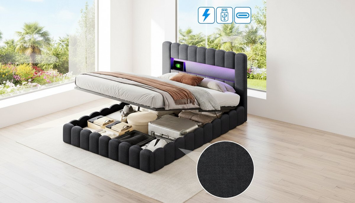 Boxspring 180x200 cm – Gestoffeerd Bed met Opbergruimte, Pneumatische Heffunctie, RGB-LED Verlichting, USB-oplaadpoorten – Modern Metalen Frame – Beige Tree Stump Stof – Casa Velluto SkyLuxe Bed