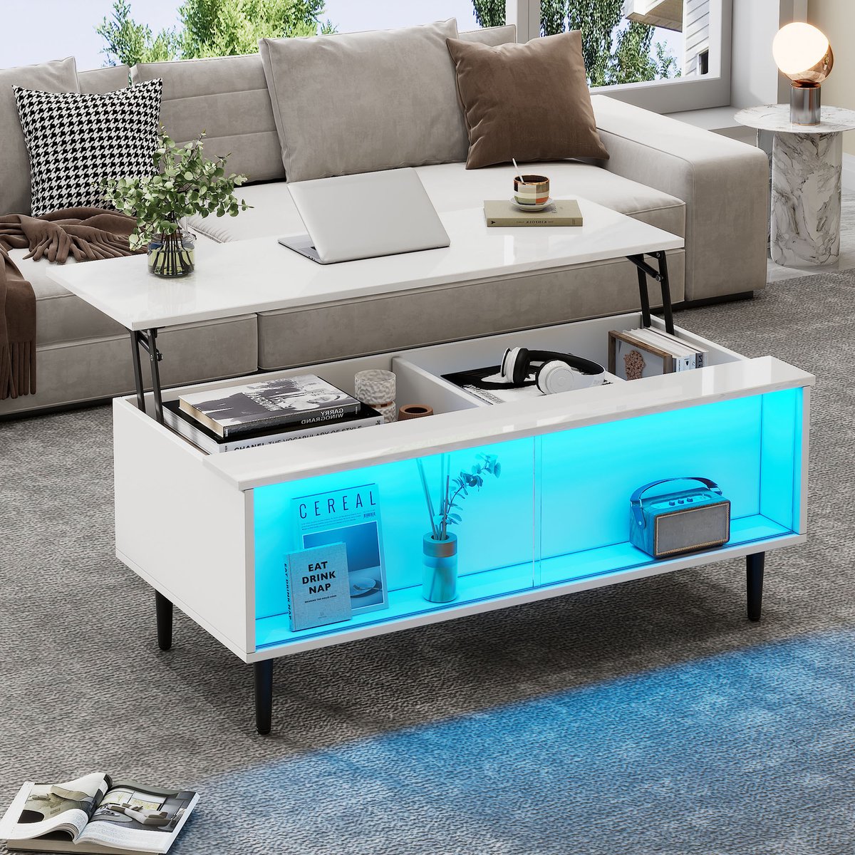 OKWISH Salontafel – In Hoogte Verstelbaar Met Verborgen Opbergruimte En Led Verlichting – Woonkamer – Spaanplaat Wit – 105×50×43 Cm