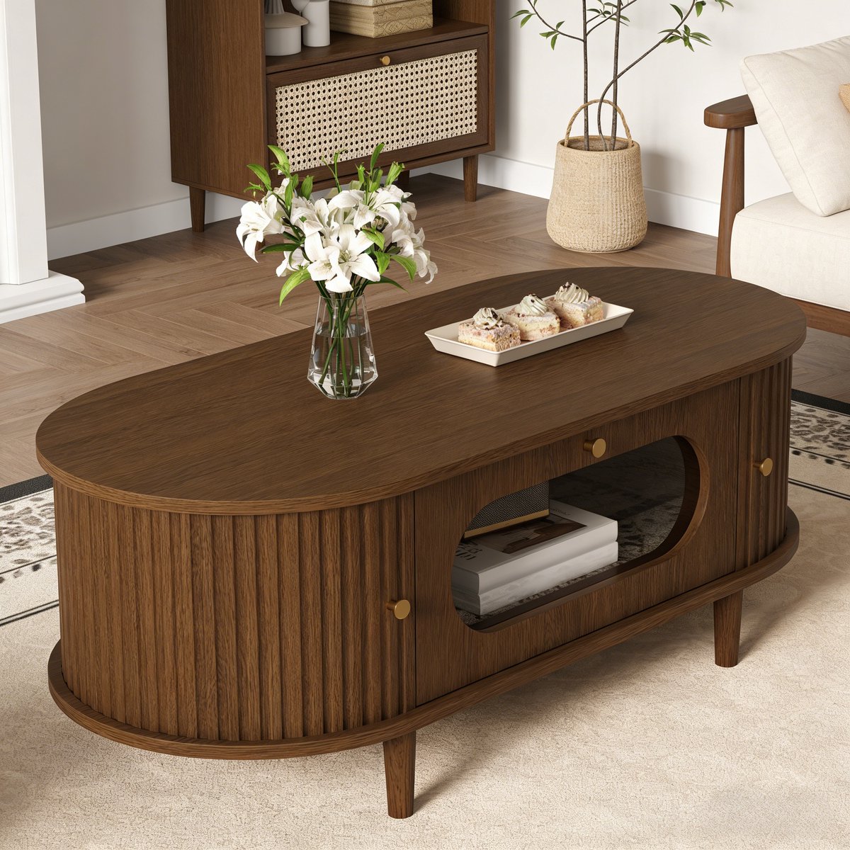 OKWISH Salontafel - Met Lade En Roldeur - Voor Woonkamer En Kleine Ruimtes - 100×50×36 cm - MDF - Walnootkleur Met Glas