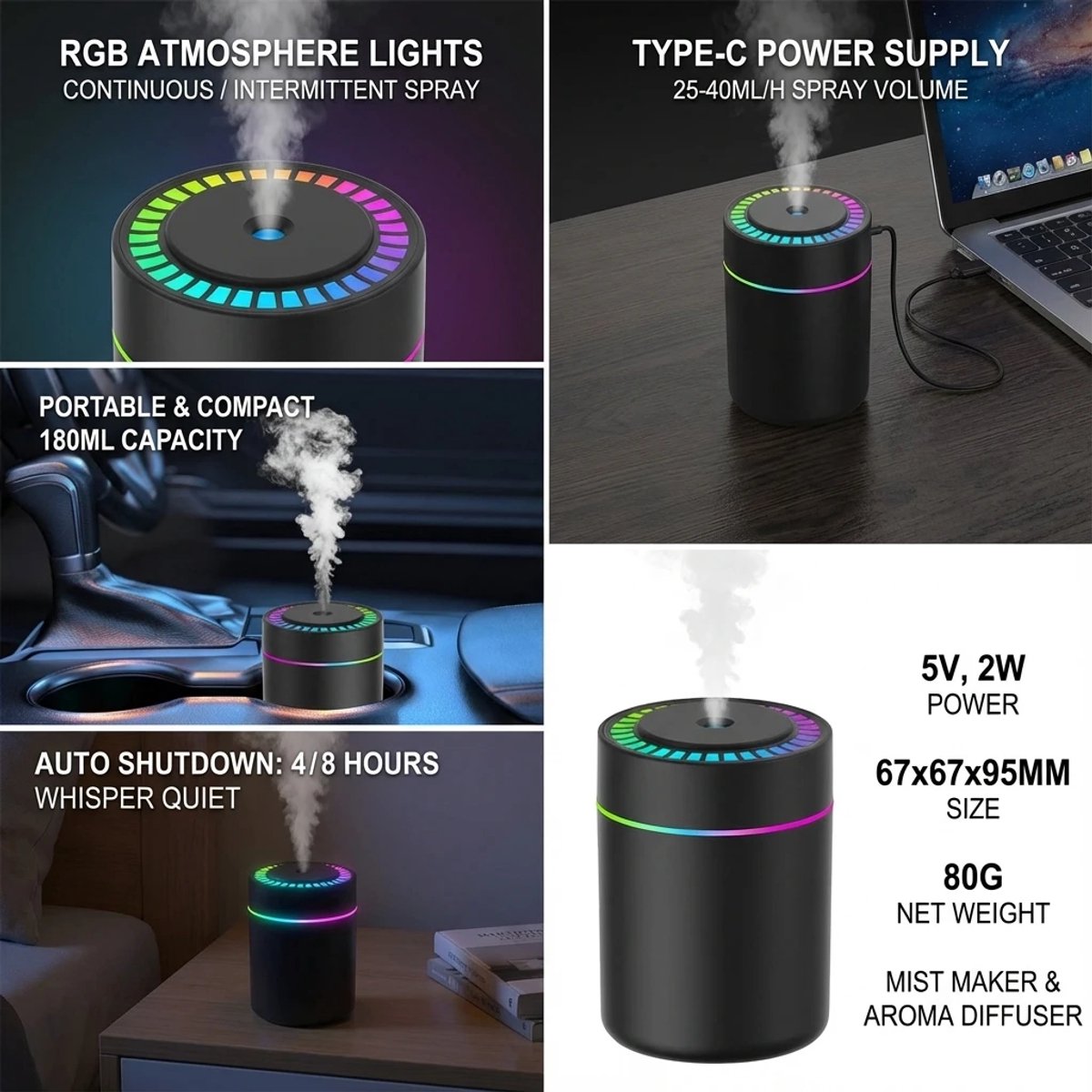 180ML Mini Luchtbevochtiger & Aroma Diffuser - USB-C Geurverspreider met LED Verlichting - Voor Auto, Thuis & Slaapkamer - Zwart — cadeau in Gadgets - foto 3