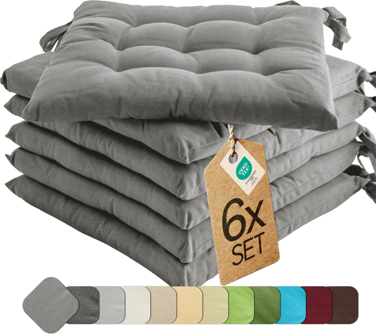 etérea Basic Zitkussen Stoelkussen - Seat Cushion 6 Stuk - 40x40 cm - Grijs