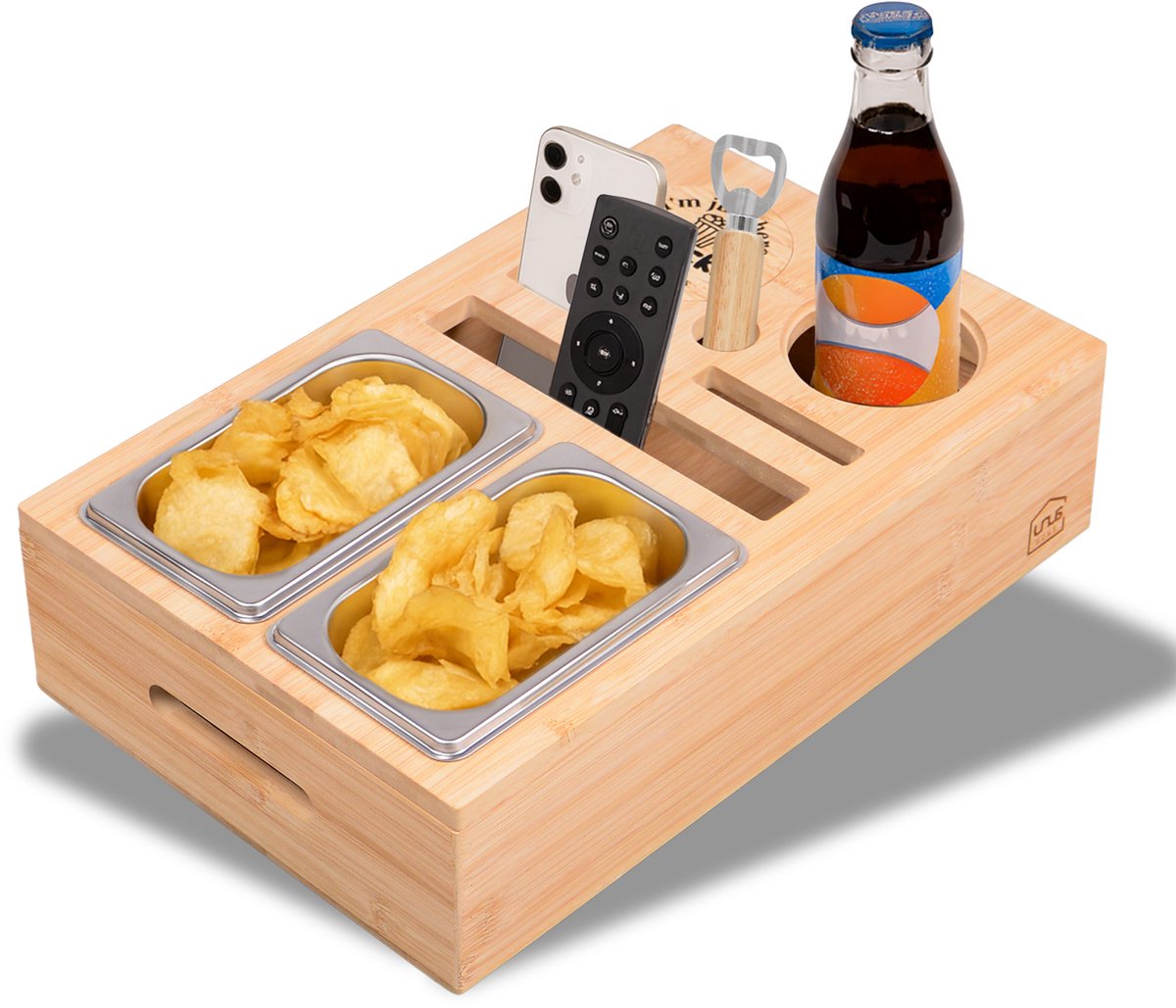 UNUS® Bamboe bankbar snackbox en bankdienblad met 2 roestvrijstalen snackbakjes, drankhouders en telefoon en tablethouder