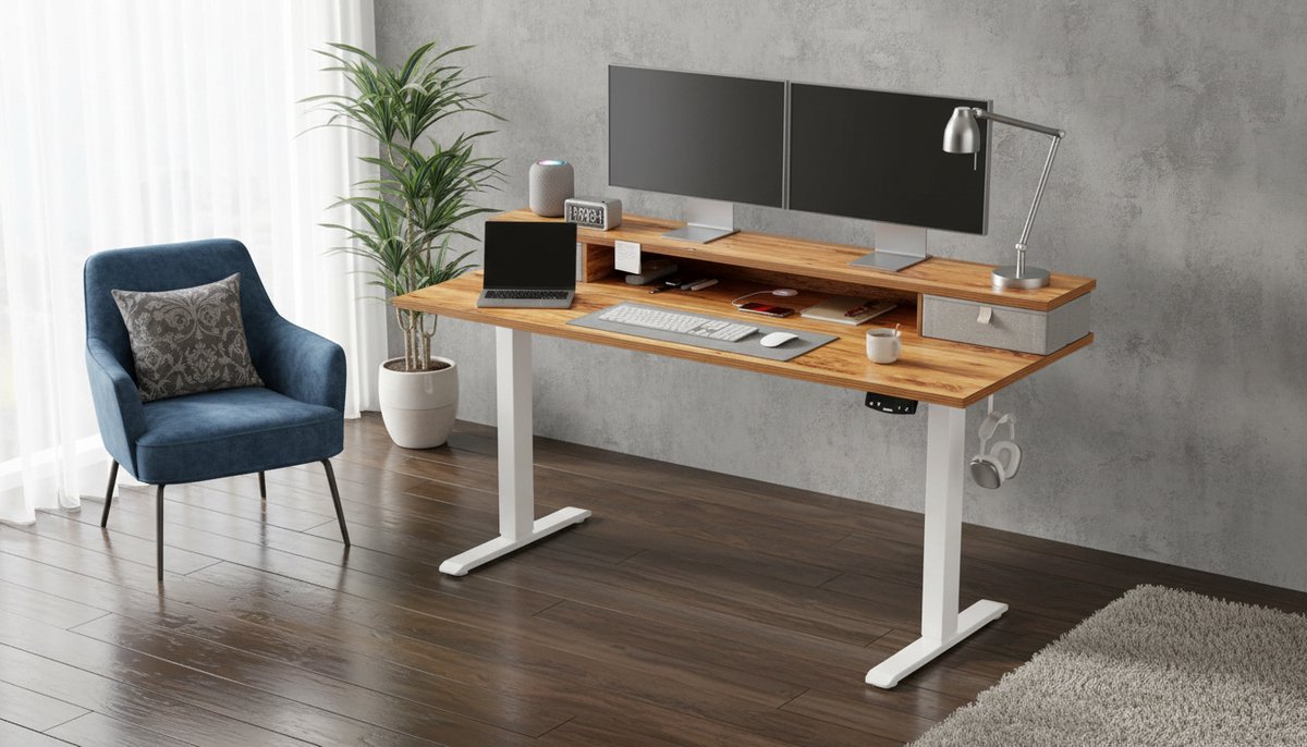 Electric Desk Casa Velluto ErgoMaster 140x60 cm – In Hoogte Verstelbaar Bureau met 2 Laden – Elektrisch Computertafel met Geheugenfunctie – Ergonomisch Zit-Sta Bureau voor Kantoor en Thuis – Lichtbruin FSC Hout & Metaal