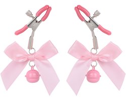 Oneay Tepelklemmen set van 2 stuks – Verstelbare RVS klemmen met ketting en bel – Accessoire voor volwassenen – Roze