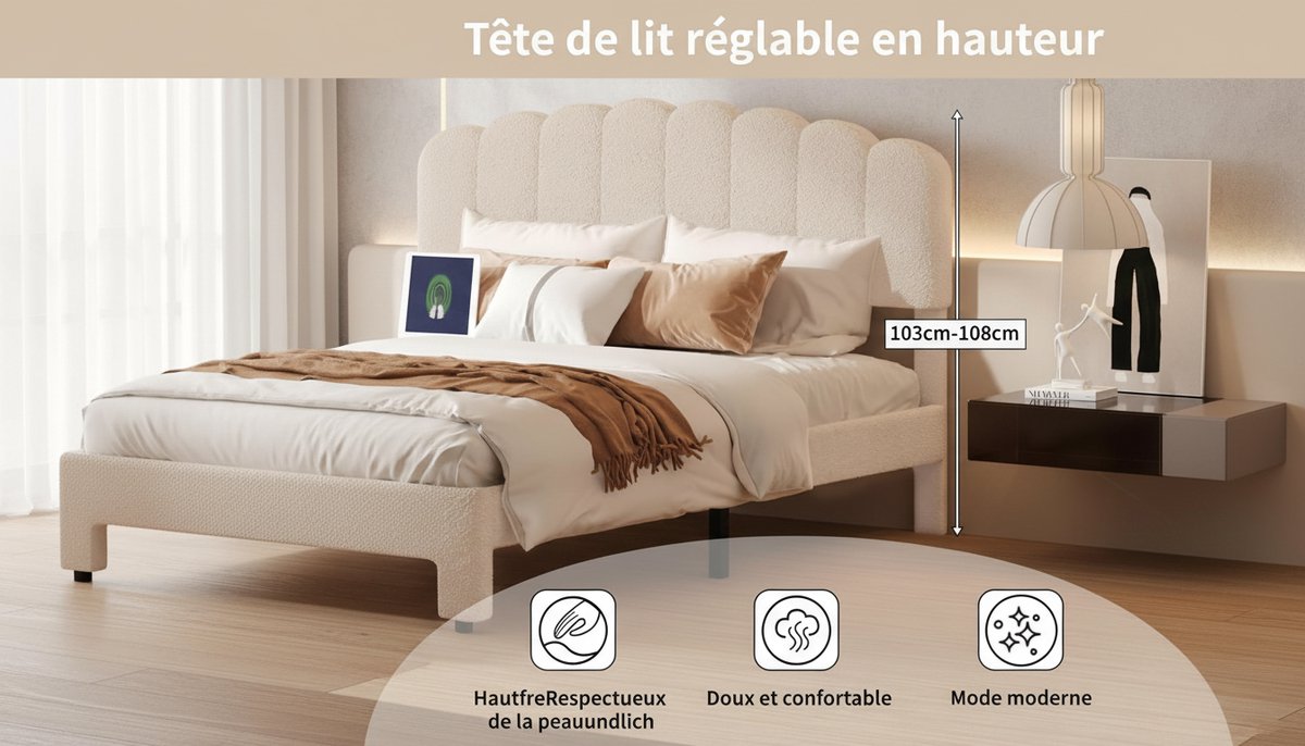 Gestoffeerd Tweepersoonsbed 160x200 cm – Casa Velluto Velvet Smart Bed met Verstelbaar Hoofdeinde, USB & Type-C-poorten, Laden en Lattenbodem – Modern Teddyfluweel Bedframe voor Jongeren en Volwassenen