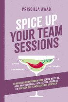 Boek kaft met de titel 'Spice Up Your Team Sessions' in paarse en witte letters, met een glas vol met groene vloeistof en een rode peper erin.