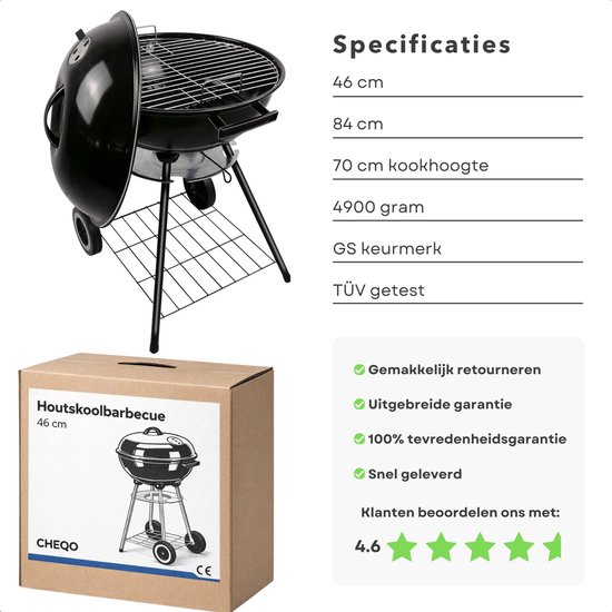 Cheqo® Houtskoolbarbecue - Houtskool Bbq - Kogelbarbecue - Barbecue Op Wielen - Kogelbarbecue Met Deksel - Houtskoolbarbecue Met Deksel - Houtskoolgrill - Tuinbarbecue - Buiten Barbecue - Zwarte Houtskoolbarbecue van Merkloos — afbeelding 2