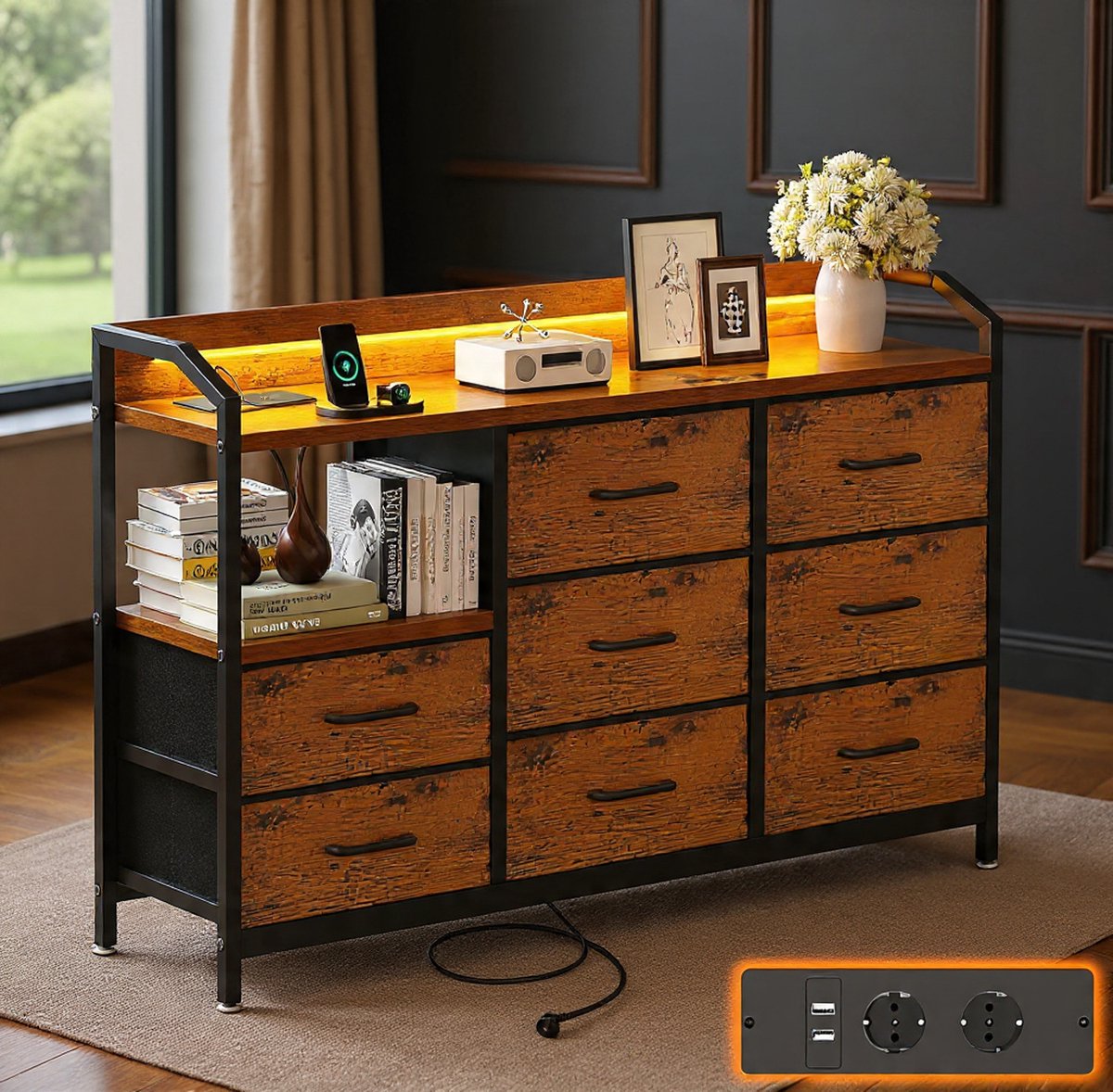 LumiCharge Ladekast met LED en USB – 110 cm Dressoir met 8 Lades, 10 Kleuren LED, 2 USB & 2 Stopcontacten – Vintage Hout en Zwart – Slaapkamer, Woonkamer, Hal – NoviHome